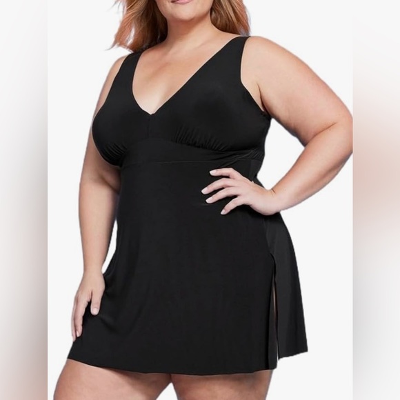 NWT AQUA GREEN Women's UPF 50 V-Neck Side Slit One Piece Swimsuit Dress Size 18 - Picture 1 of 15